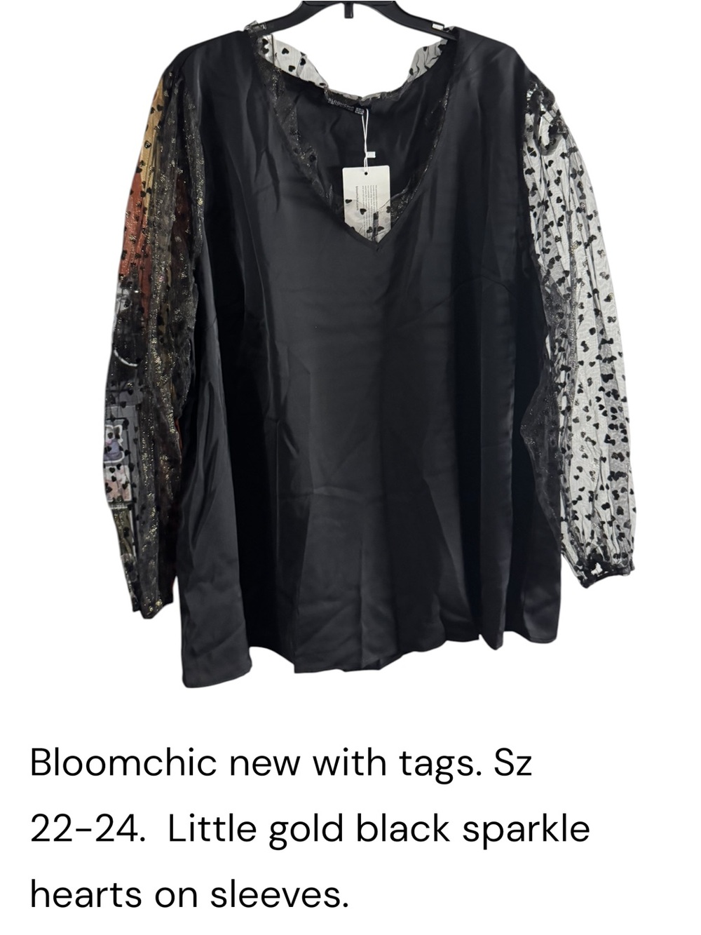 BloomChic Black Satin Blouse with Heart-Accent Sheer Sleeves